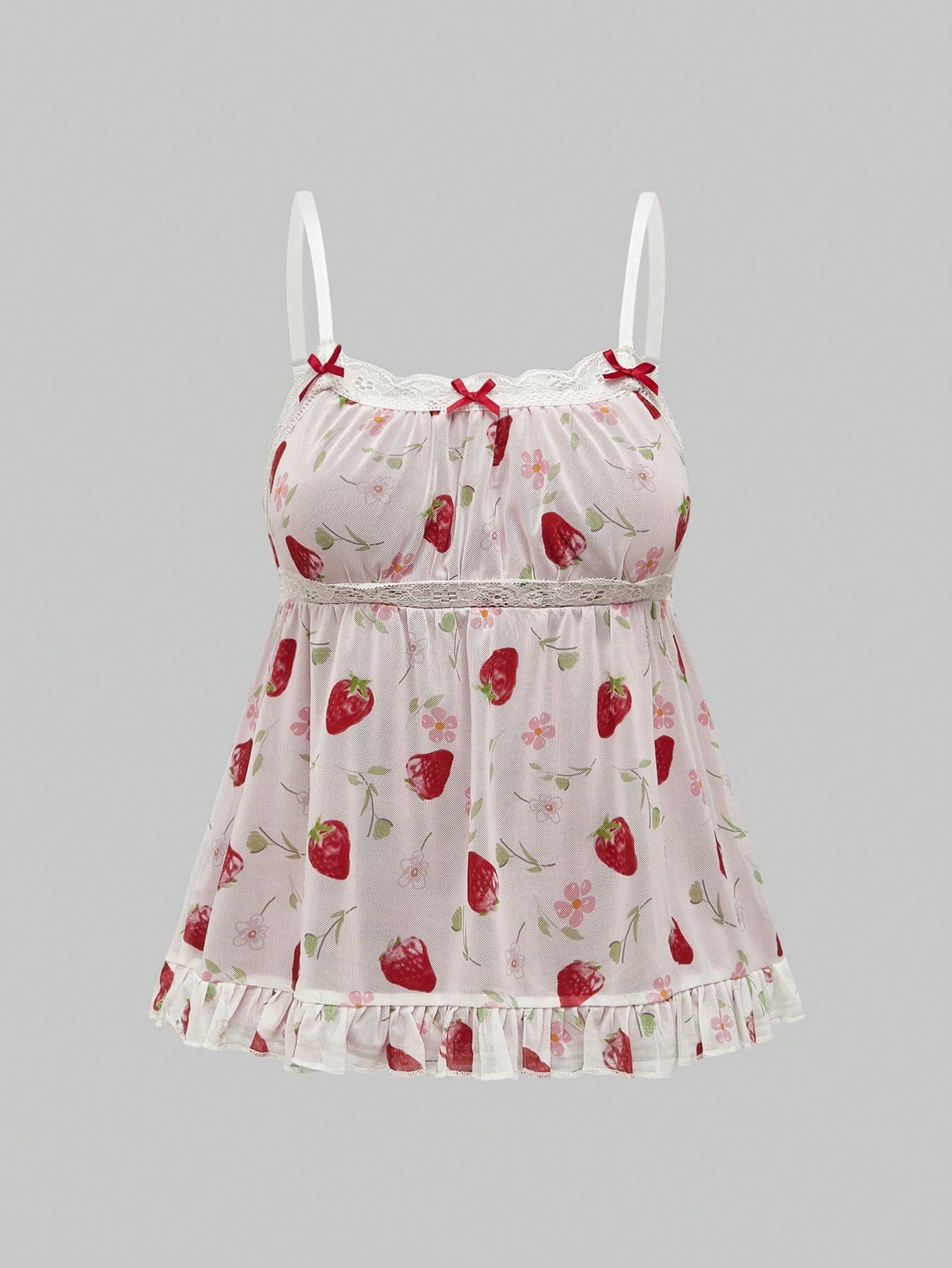 ROMWE Kawaii Plus Size Women's Strawberry Printed Simple Daily Wear Babydoll Cami Top, School, For Summer