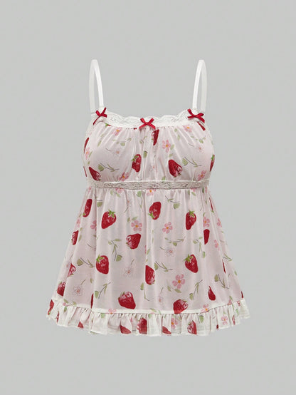 ROMWE Kawaii Plus Size Women's Strawberry Printed Simple Daily Wear Babydoll Cami Top, School, For Summer