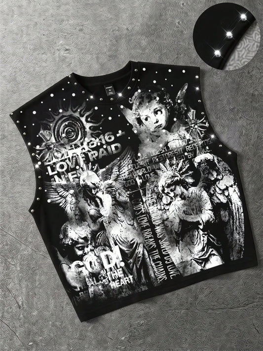 ROMWE MEN Grunge Punk Men's Loose Fit Tank Top With Rivet Decor And Print