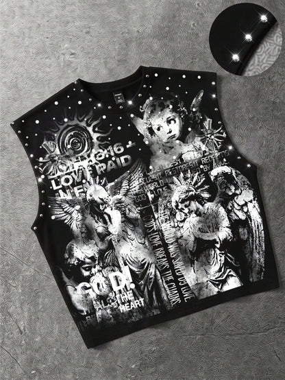 ROMWE MEN Grunge Punk Men's Loose Fit Tank Top With Rivet Decor And Print