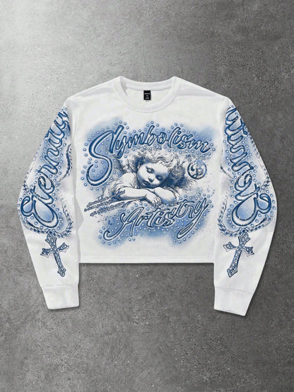 ROMWE MEN Street Life Men's Letter & Angel Graphic Print Crew Neck Pullover Sweatshirt