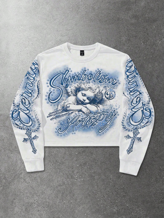ROMWE MEN Street Life Men's Letter & Angel Graphic Print Crew Neck Pullover Sweatshirt
