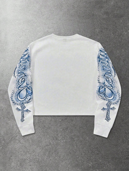 ROMWE MEN Street Life Men's Letter & Angel Graphic Print Crew Neck Pullover Sweatshirt