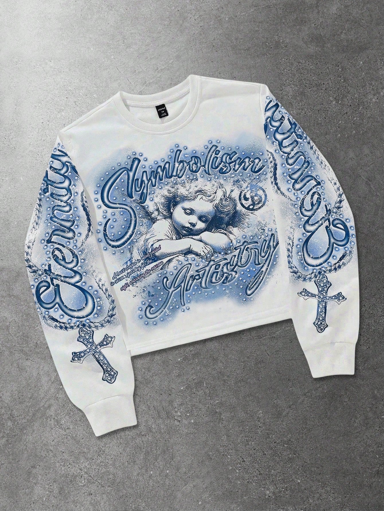 ROMWE MEN Street Life Men's Letter & Angel Graphic Print Crew Neck Pullover Sweatshirt