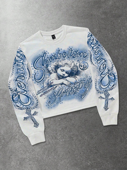 ROMWE MEN Street Life Men's Letter & Angel Graphic Print Crew Neck Pullover Sweatshirt