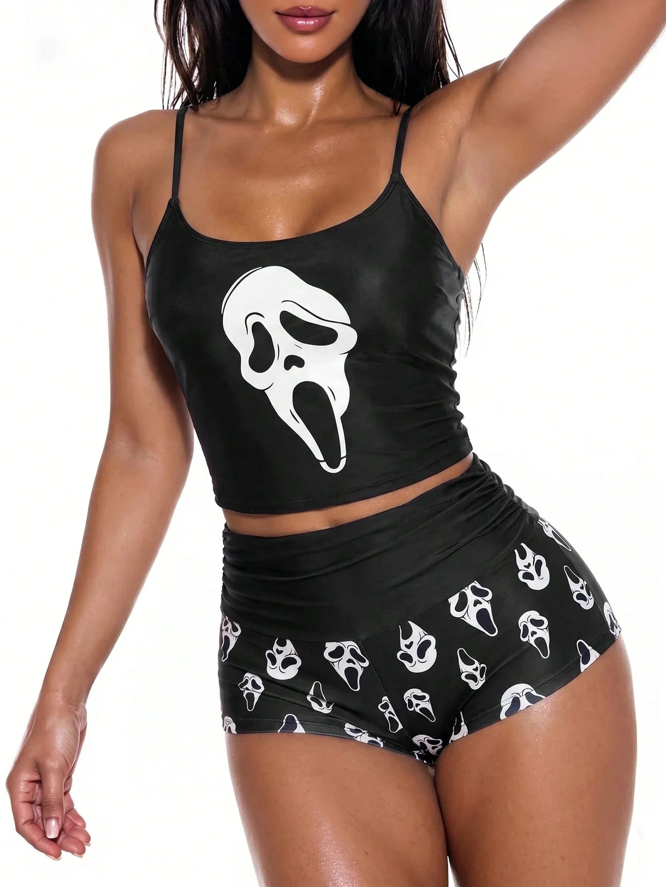 ROMWE Street Life Women's Summer Scream Ghost Face Print Spaghetti Strap Tankini 2-Piece Set, Adjustable Spaghetti Strap Cropped Tank Top + High Waist Ruched Tankini Bottoms, Gothic Punk Halloween Sex