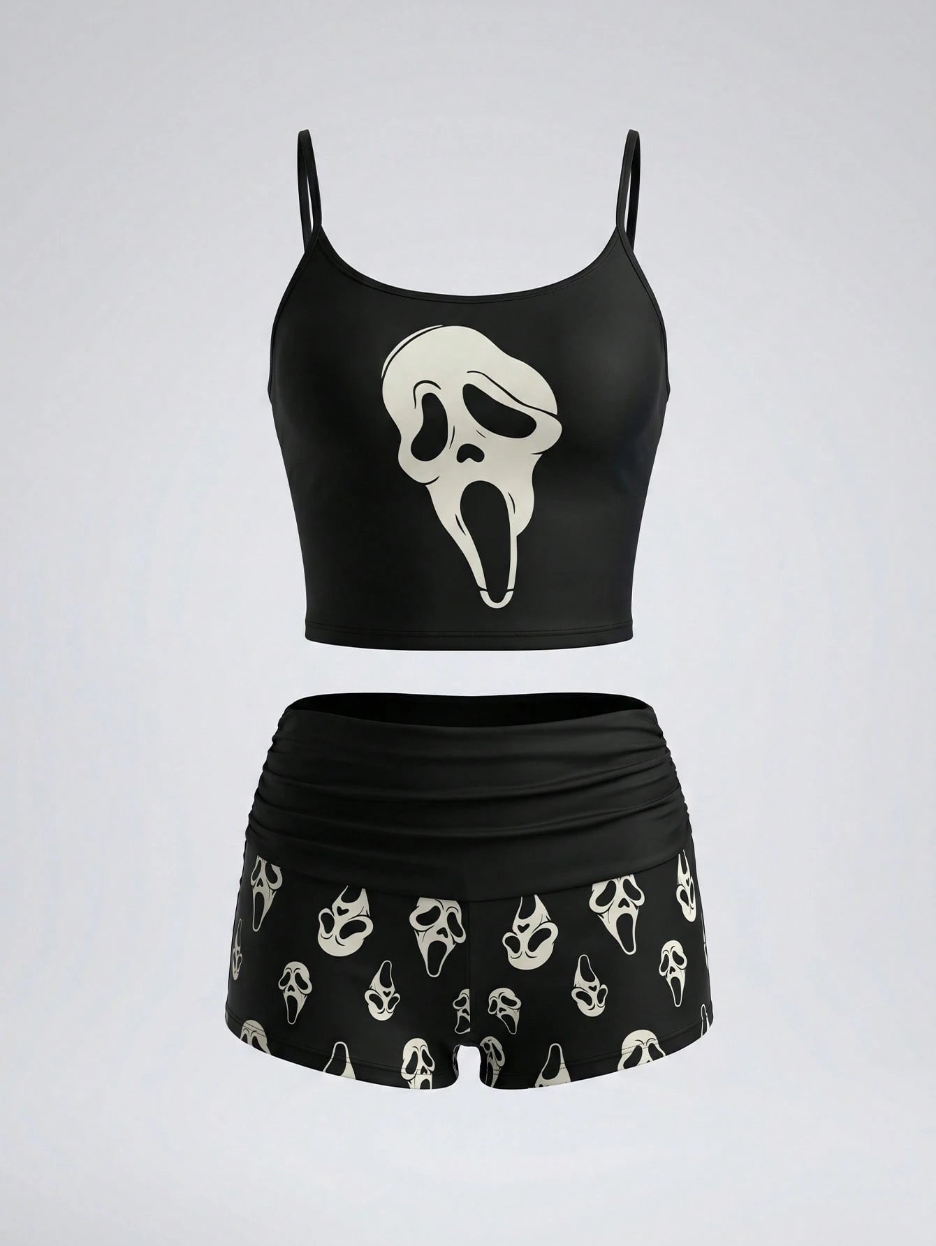 ROMWE Street Life Women's Summer Scream Ghost Face Print Spaghetti Strap Tankini 2-Piece Set, Adjustable Spaghetti Strap Cropped Tank Top + High Waist Ruched Tankini Bottoms, Gothic Punk Halloween Sex
