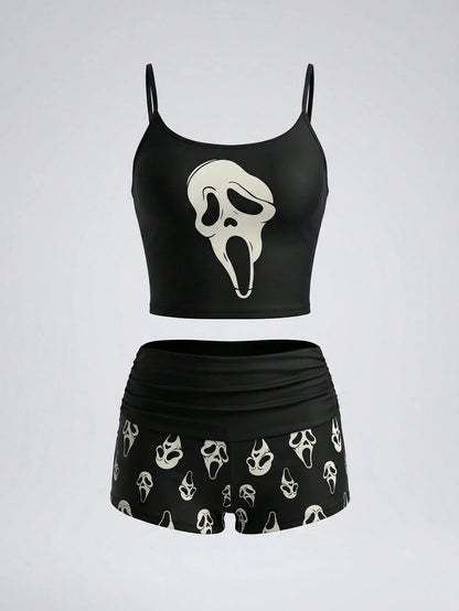 ROMWE Street Life Women's Summer Scream Ghost Face Print Spaghetti Strap Tankini 2-Piece Set, Adjustable Spaghetti Strap Cropped Tank Top + High Waist Ruched Tankini Bottoms, Gothic Punk Halloween Sex