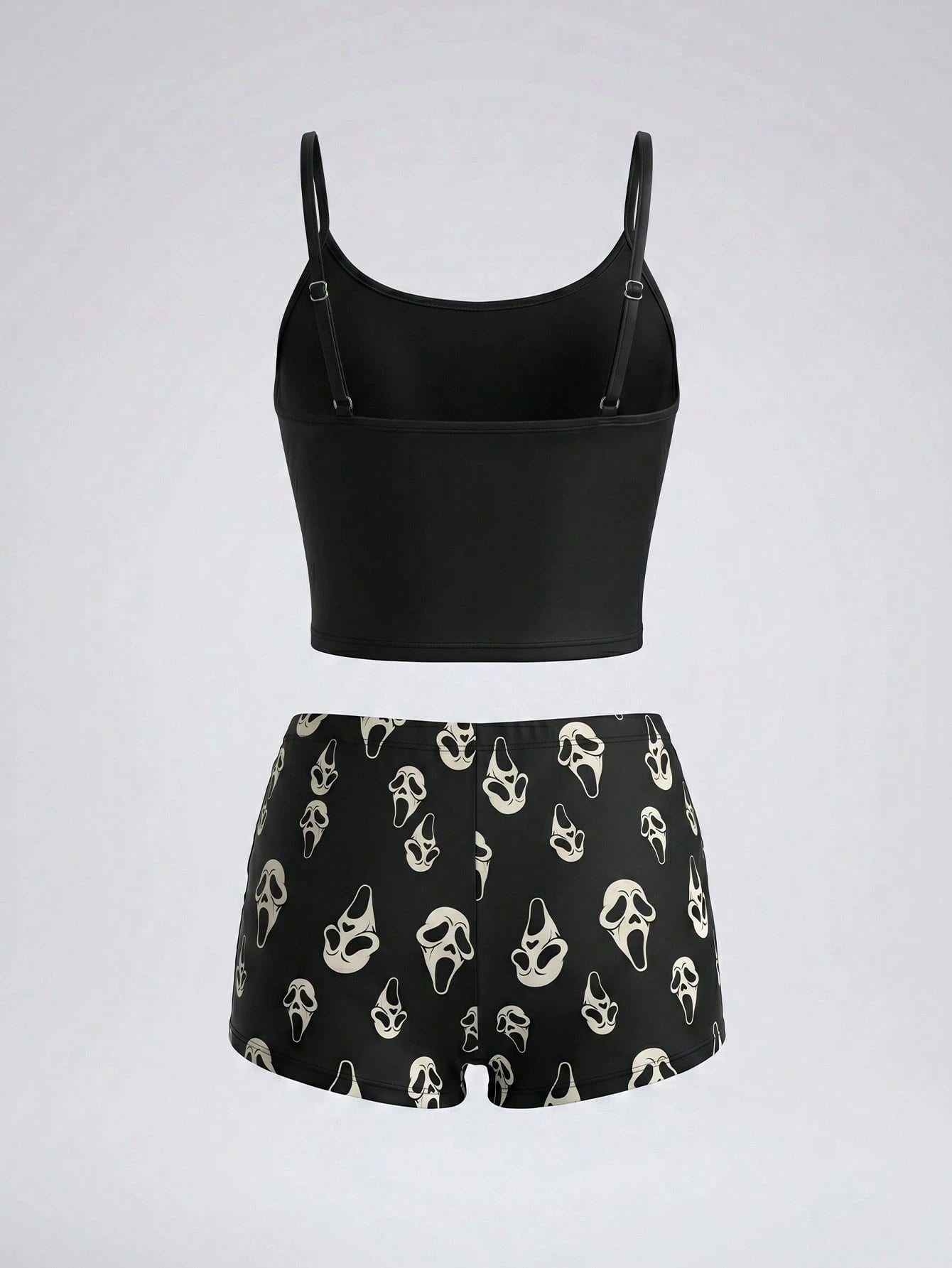 ROMWE Street Life Women's Summer Scream Ghost Face Print Spaghetti Strap Tankini 2-Piece Set, Adjustable Spaghetti Strap Cropped Tank Top + High Waist Ruched Tankini Bottoms, Gothic Punk Halloween Sex