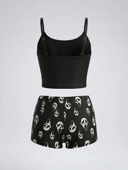 ROMWE Street Life Women's Summer Scream Ghost Face Print Spaghetti Strap Tankini 2-Piece Set, Adjustable Spaghetti Strap Cropped Tank Top + High Waist Ruched Tankini Bottoms, Gothic Punk Halloween Sex