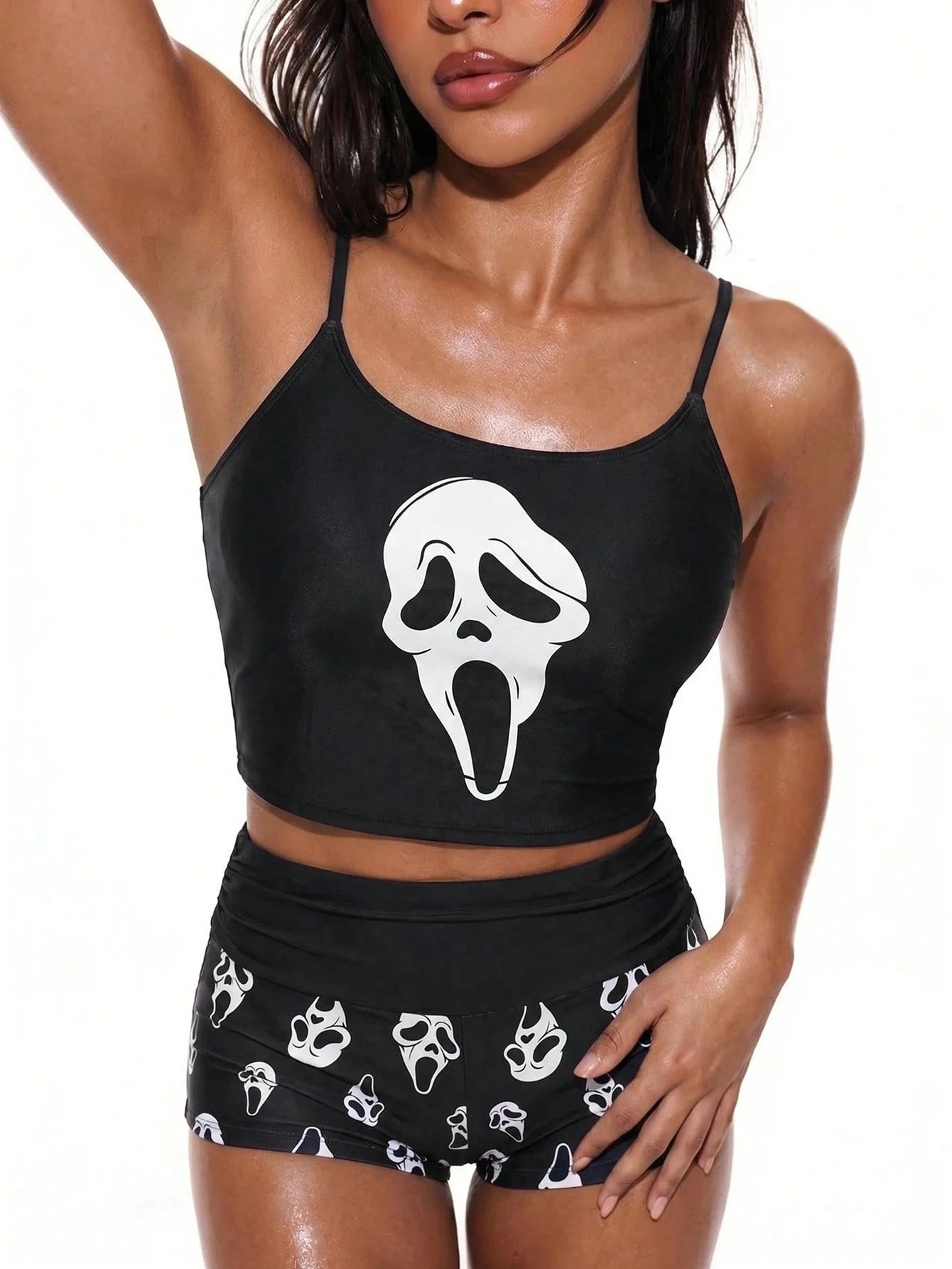 ROMWE Street Life Women's Summer Scream Ghost Face Print Spaghetti Strap Tankini 2-Piece Set, Adjustable Spaghetti Strap Cropped Tank Top + High Waist Ruched Tankini Bottoms, Gothic Punk Halloween Sex
