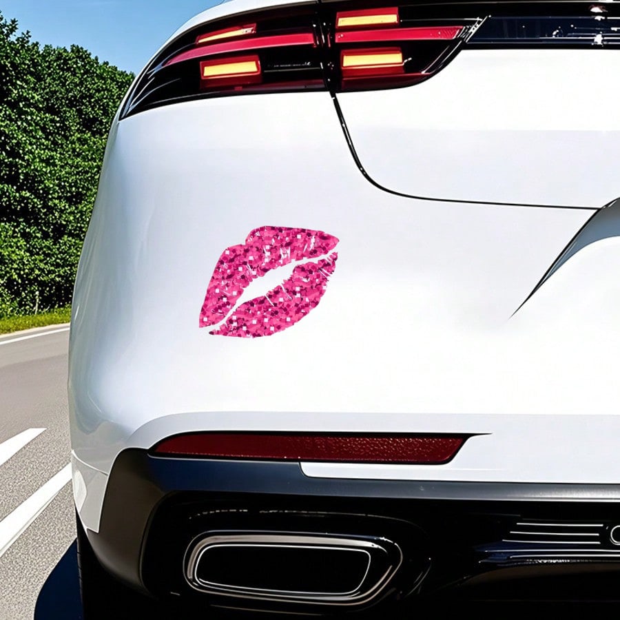 Rose Red Lip Print Vinyl Sticker, Realistic Lipstick Kiss Mark Car Rear Bumper Decorative Decal, Waterproof Removable Vehicle Exterior Accessory