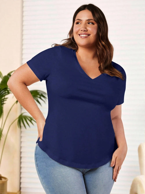 Rosumi Plus Size Casual Solid Color V-Neck Short Sleeve T-Shirt, Summer