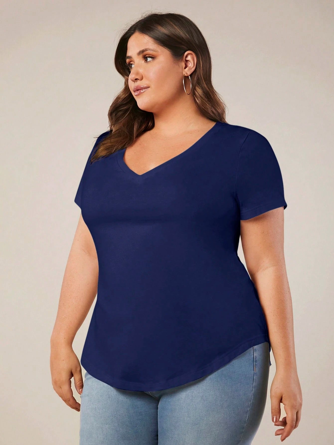 Rosumi Plus Size Casual Solid Color V-Neck Short Sleeve T-Shirt, Summer