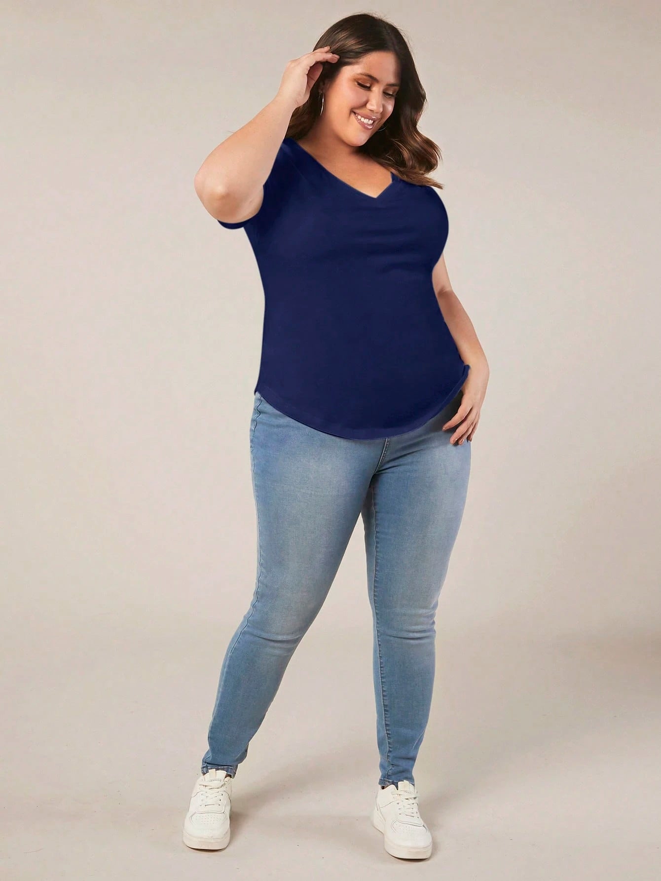 Rosumi Plus Size Casual Solid Color V-Neck Short Sleeve T-Shirt, Summer