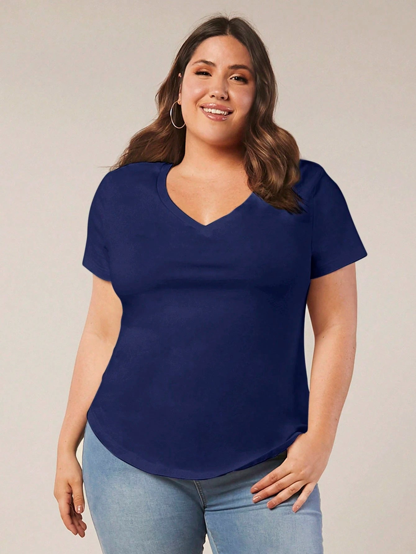 Rosumi Plus Size Casual Solid Color V-Neck Short Sleeve T-Shirt, Summer