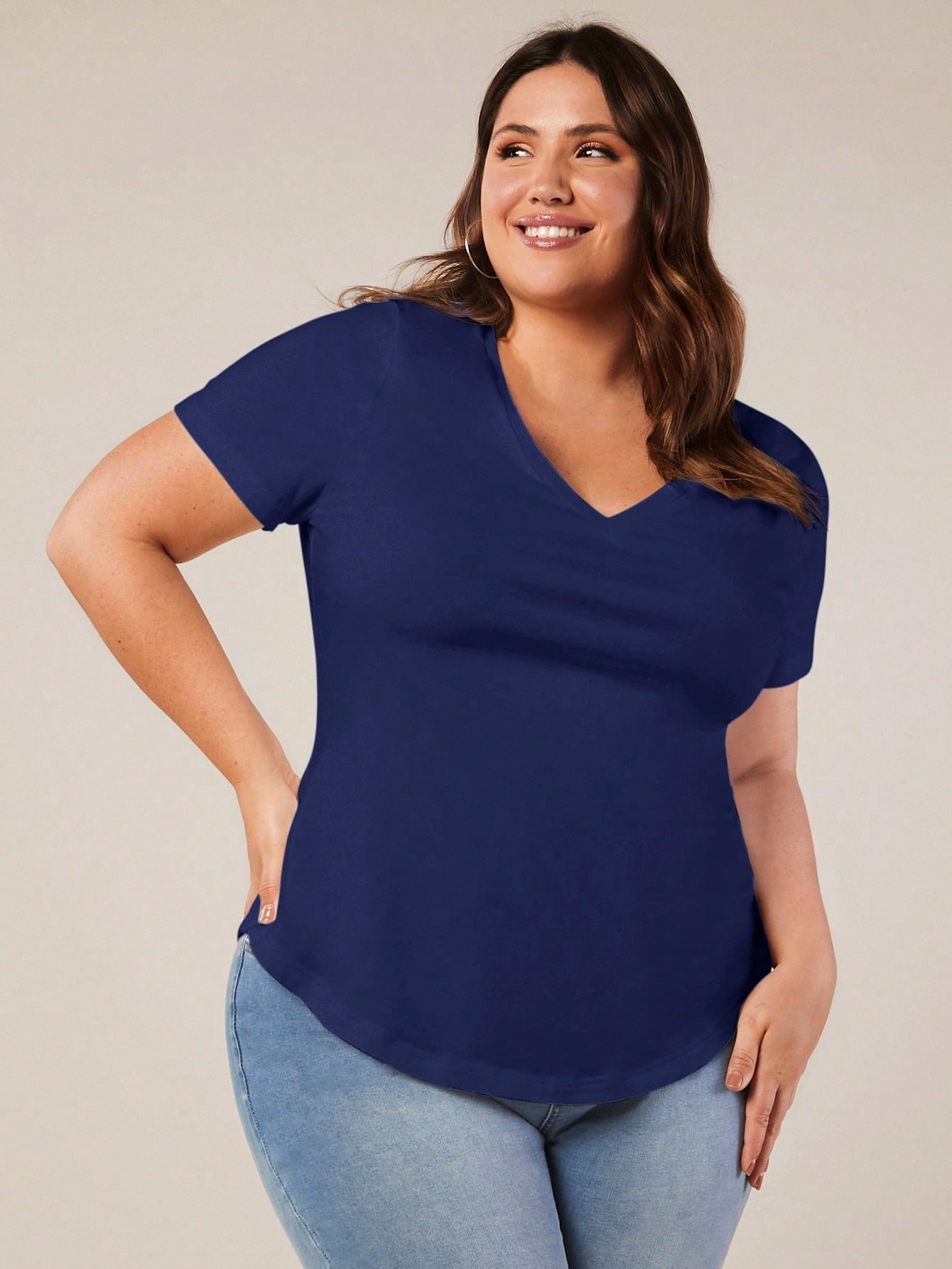 Rosumi Plus Size Casual Solid Color V-Neck Short Sleeve T-Shirt, Summer
