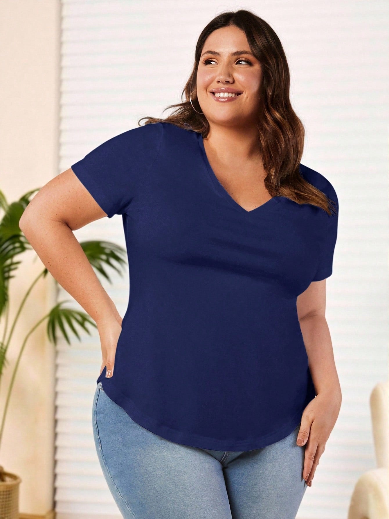 Rosumi Plus Size Casual Solid Color V-Neck Short Sleeve T-Shirt, Summer