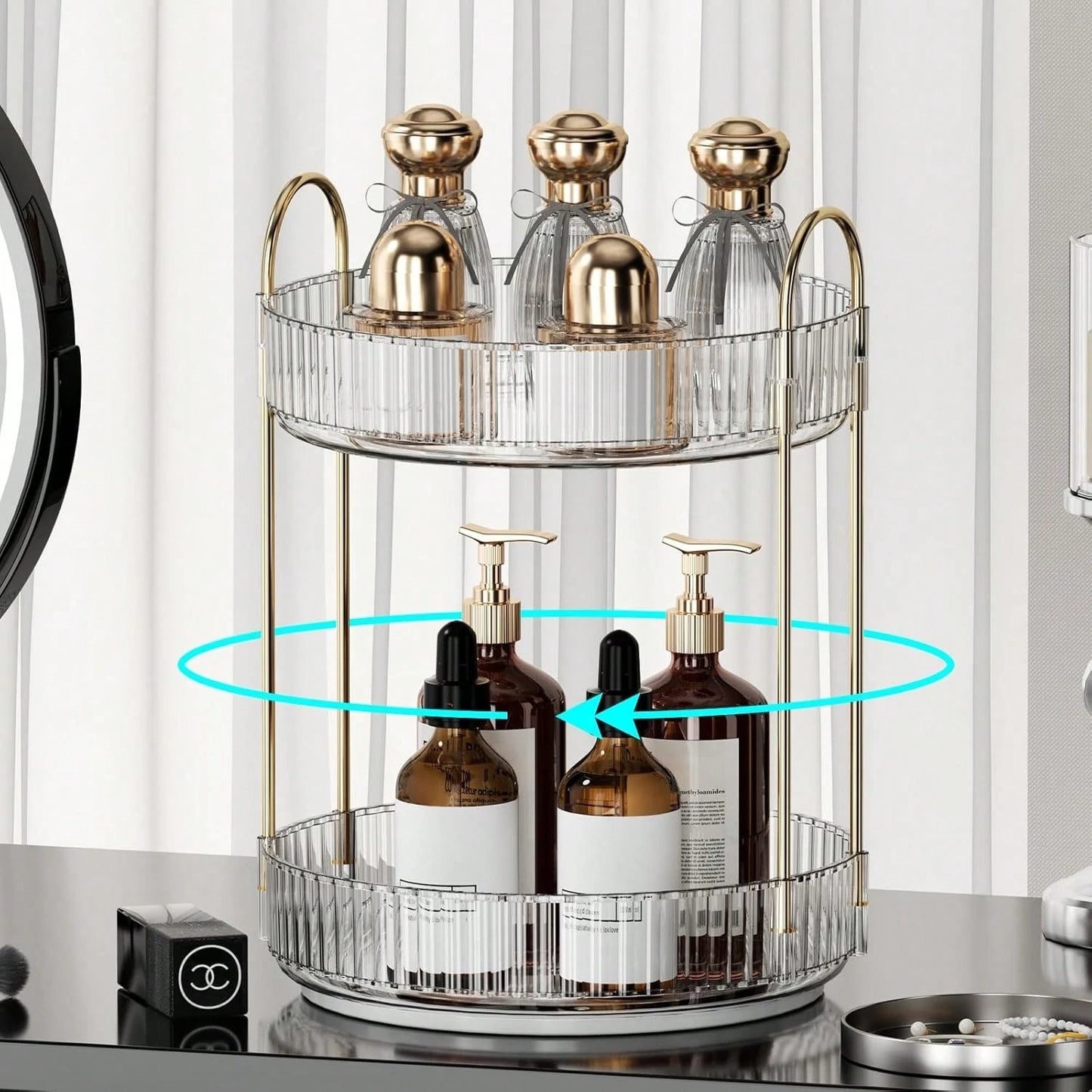 Rotating Makeup Organizer Countertop 2 Tier Lazy Susan Trays Clear Skincare Perfume Storage For Bathroom Counter Vanity.