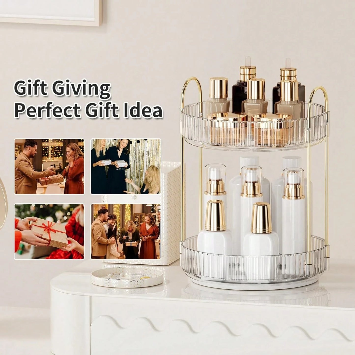 Rotating Makeup Organizer Countertop 2 Tier Lazy Susan Trays Clear Skincare Perfume Storage For Bathroom Counter Vanity.