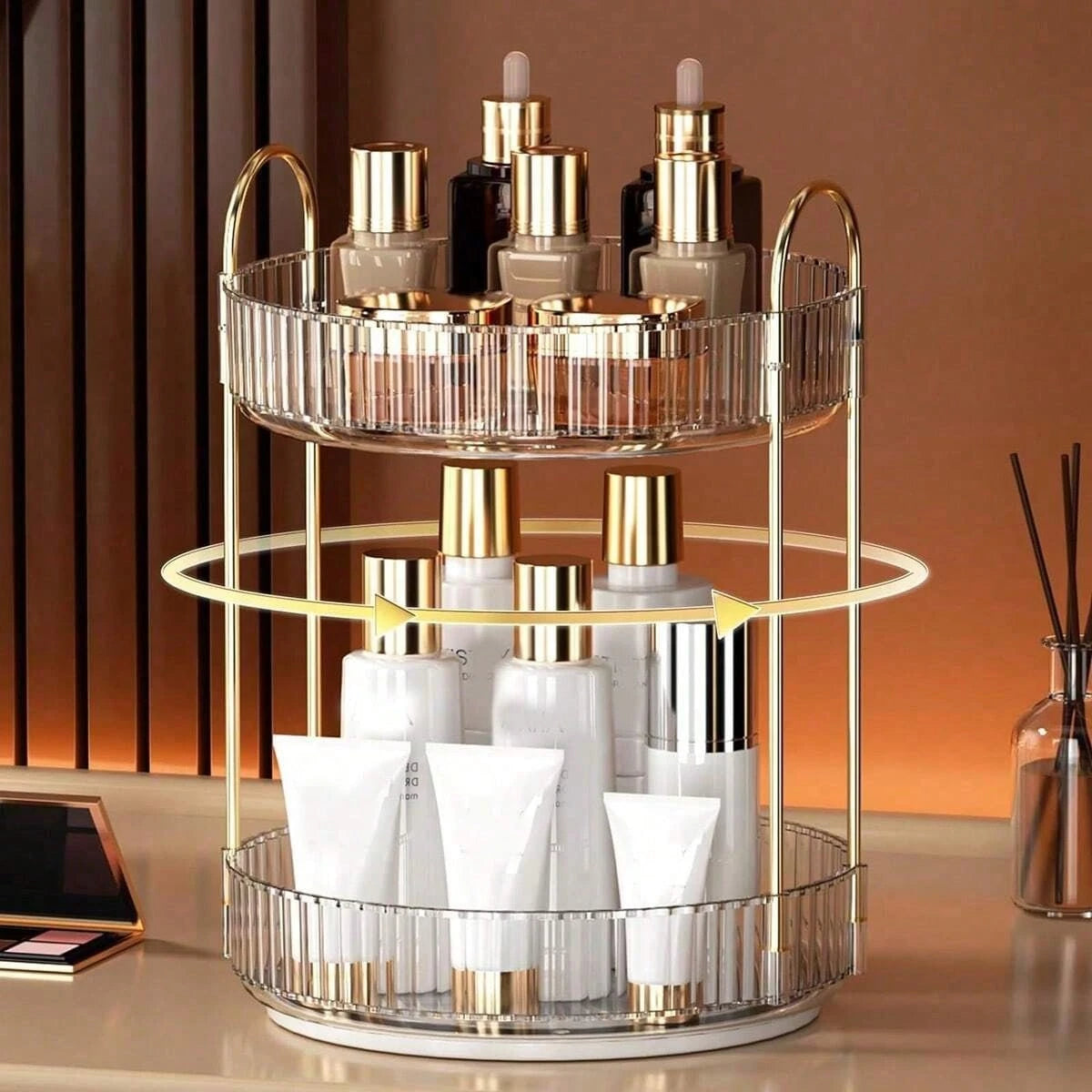 Rotating Makeup Organizer Countertop 2 Tier Lazy Susan Trays Clear Skincare Perfume Storage For Bathroom Counter Vanity.