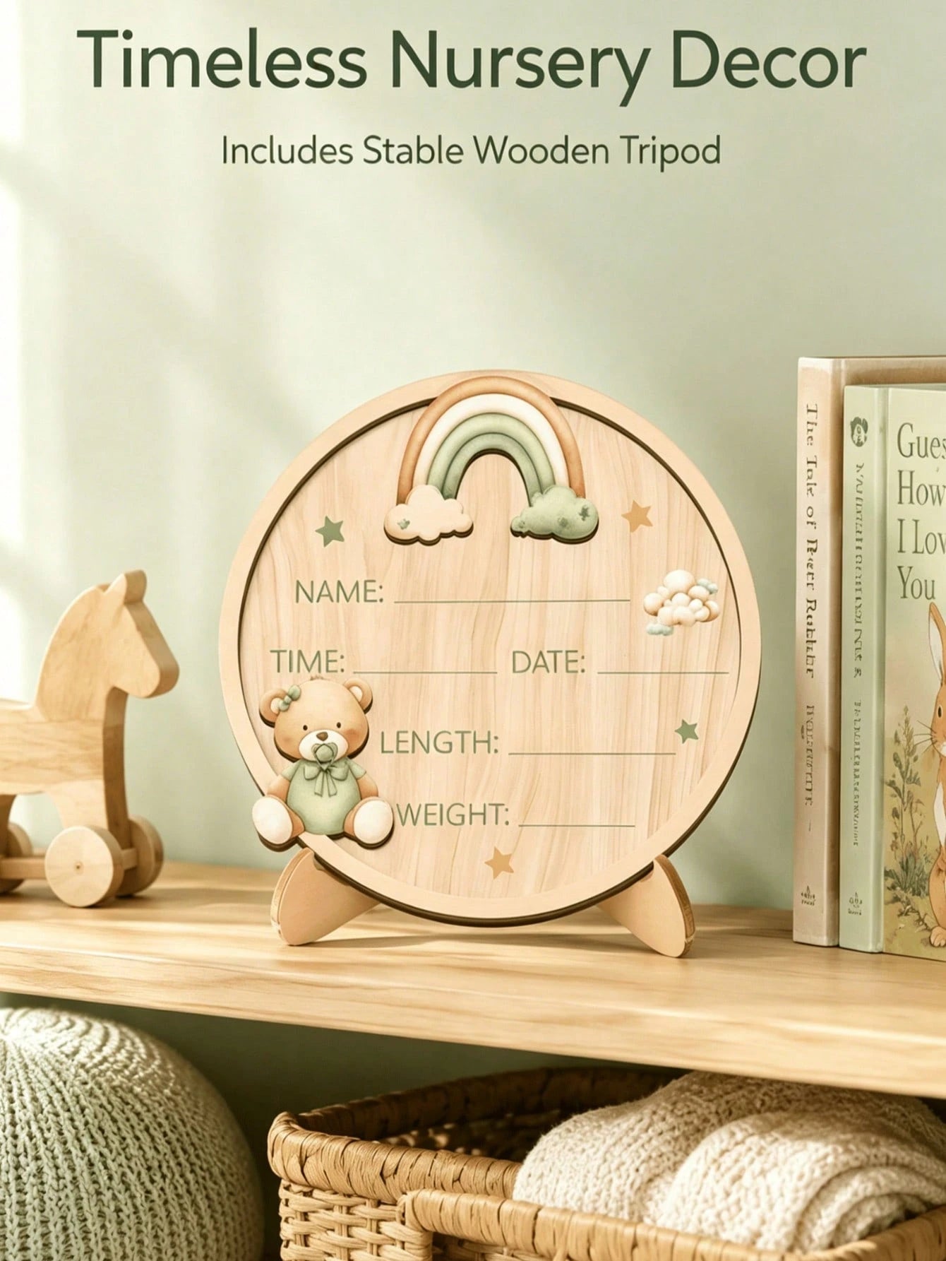 Round Baby Birth Announcement Board With Rainbow And Bear, Newborn Name Date Time Weight Length Keepsake, Nursery Decor Gift