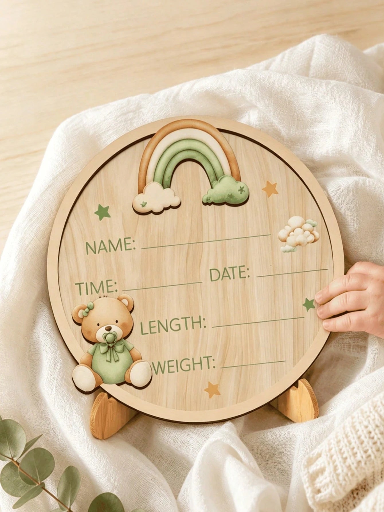 Round Baby Birth Announcement Board With Rainbow And Bear, Newborn Name Date Time Weight Length Keepsake, Nursery Decor Gift