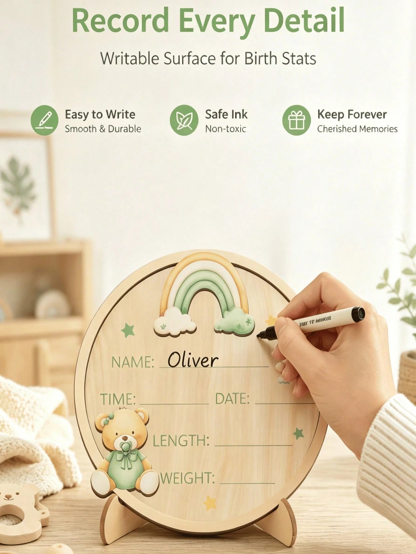 Round Baby Birth Announcement Board With Rainbow And Bear, Newborn Name Date Time Weight Length Keepsake, Nursery Decor Gift
