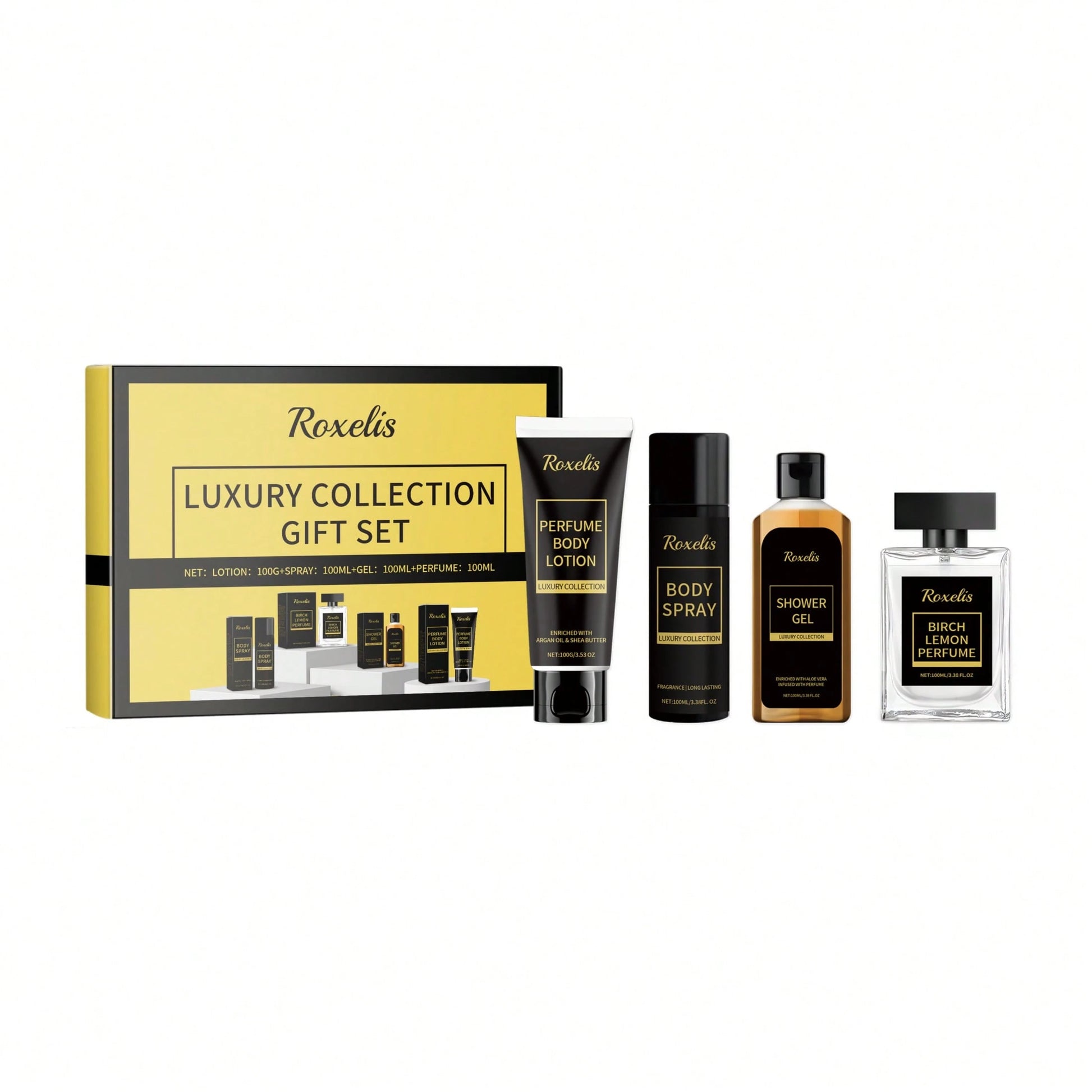 Roxelis Men's Skincare Gift Set 4 In 1 Set (Men Body Lotion 100g & Men Body Spray 100ml & Men Shower Gel 100ml & Birch Lemon Perfume 100ml) Perfect Christmas Birthday Gift For Father, Boyfriend