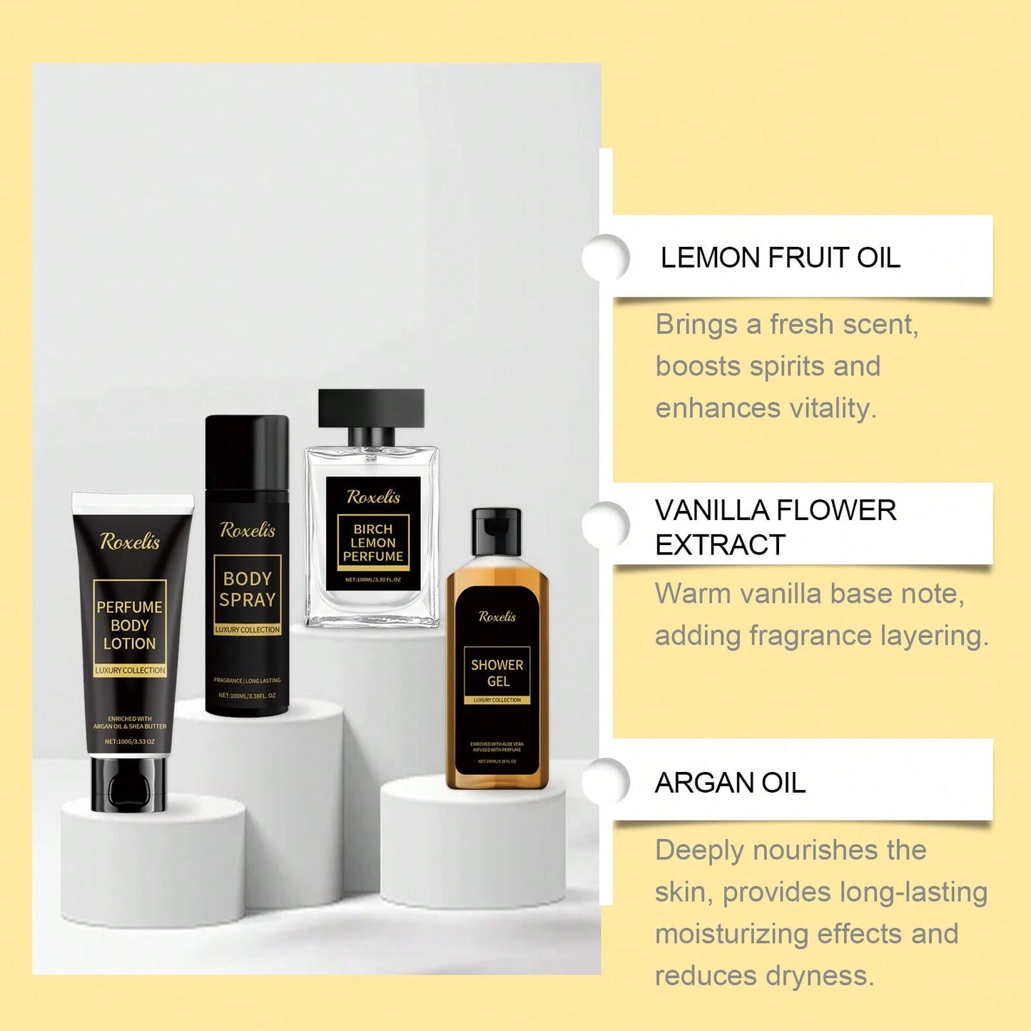 Roxelis Men's Skincare Gift Set 4 In 1 Set (Men Body Lotion 100g & Men Body Spray 100ml & Men Shower Gel 100ml & Birch Lemon Perfume 100ml) Perfect Christmas Birthday Gift For Father, Boyfriend