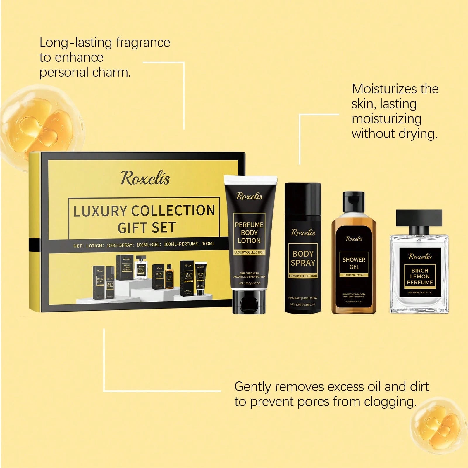 Roxelis Men's Skincare Gift Set 4 In 1 Set (Men Body Lotion 100g & Men Body Spray 100ml & Men Shower Gel 100ml & Birch Lemon Perfume 100ml) Perfect Christmas Birthday Gift For Father, Boyfriend