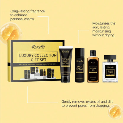 Roxelis Men's Skincare Gift Set 4 In 1 Set (Men Body Lotion 100g & Men Body Spray 100ml & Men Shower Gel 100ml & Birch Lemon Perfume 100ml) Perfect Christmas Birthday Gift For Father, Boyfriend
