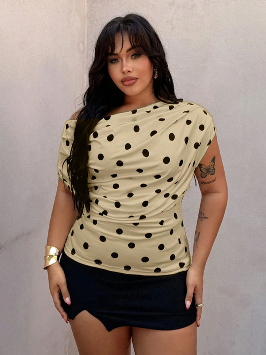 Rustia Plus Size Polka Dot Scoop Neck Sleeveless T-Shirt, Spring/Summer