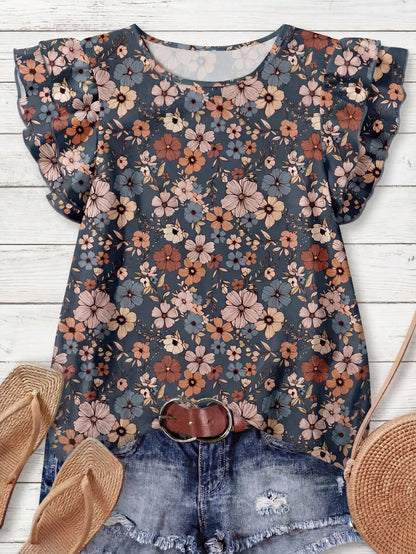 Rusticease Women's Casual V-Neck Cap Sleeve Loose Blouse, Retro Floral Print