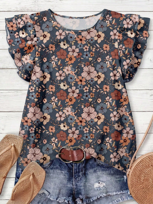 Rusticease Women's Casual V-Neck Cap Sleeve Loose Blouse, Retro Floral Print