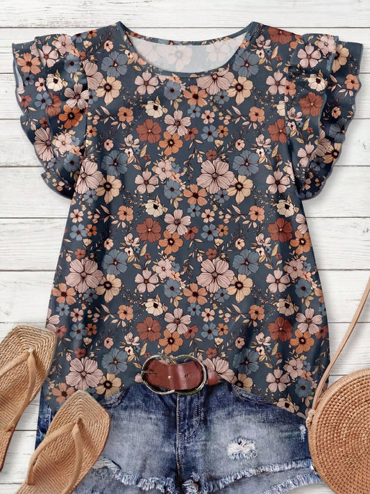 Rusticease Women's Casual V-Neck Cap Sleeve Loose Blouse, Retro Floral Print