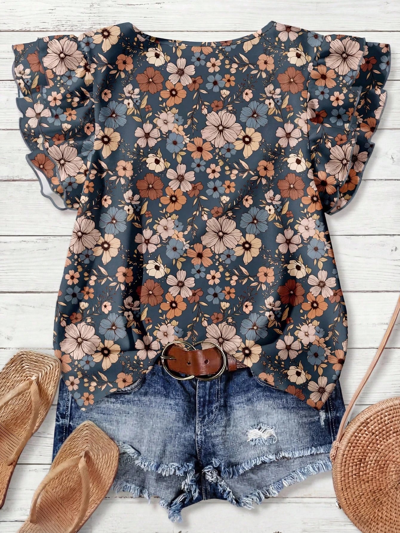 Rusticease Women's Casual V-Neck Cap Sleeve Loose Blouse, Retro Floral Print