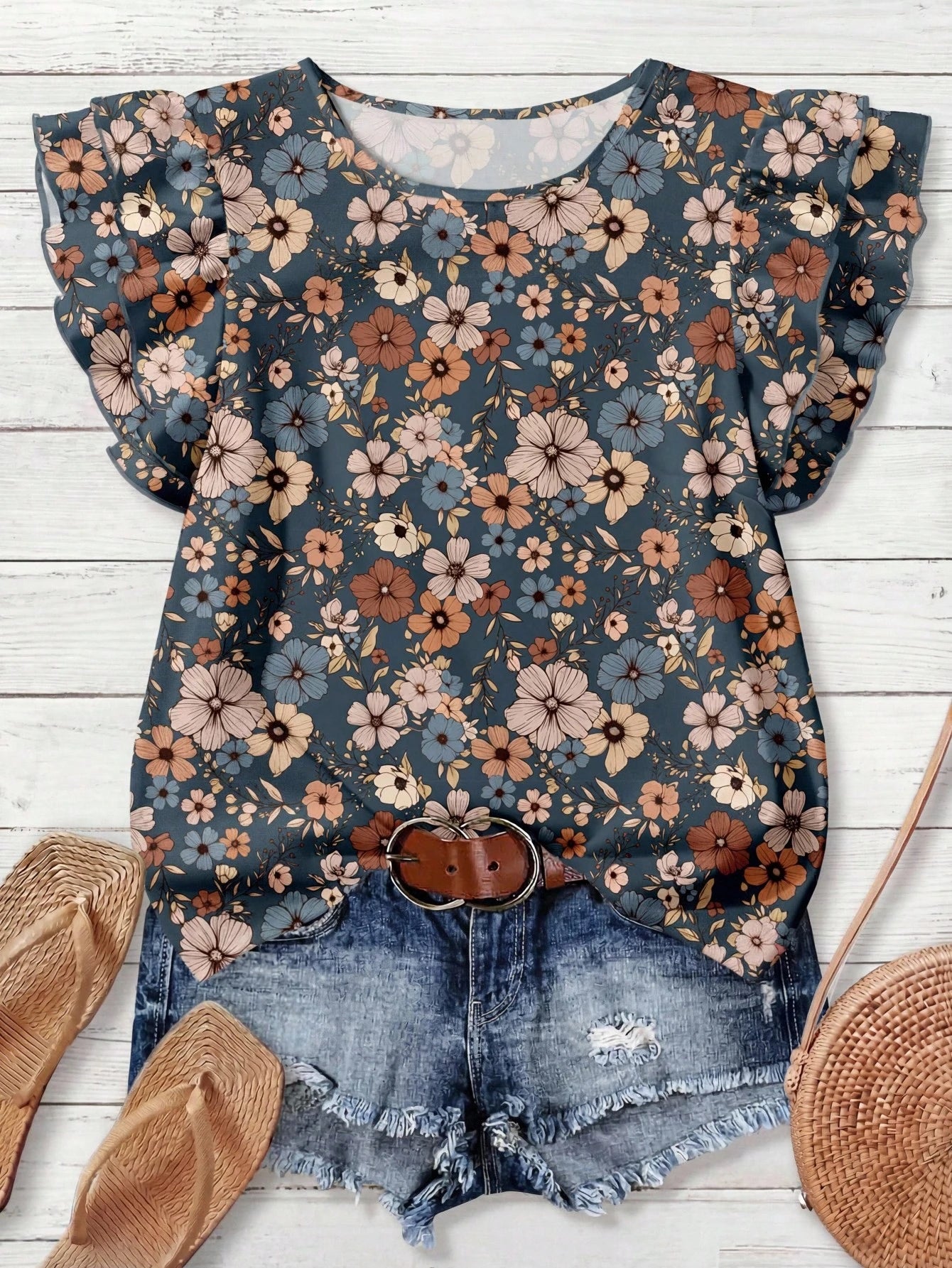 Rusticease Women's Casual V-Neck Cap Sleeve Loose Blouse, Retro Floral Print