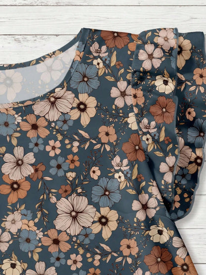 Rusticease Women's Casual V-Neck Cap Sleeve Loose Blouse, Retro Floral Print