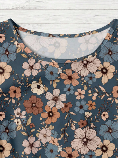 Rusticease Women's Casual V-Neck Cap Sleeve Loose Blouse, Retro Floral Print