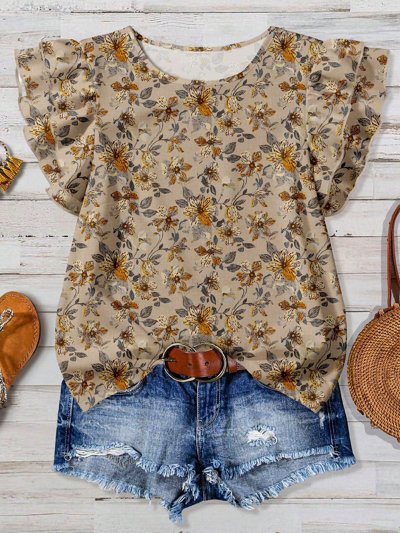 Rusticease Women's Casual V-Neck Cap Sleeve Loose Blouse, Retro Floral Print