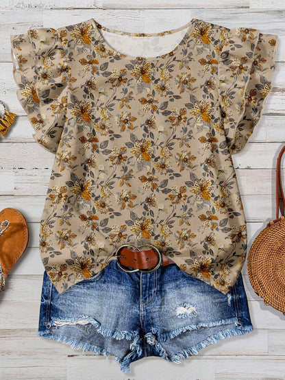 Rusticease Women's Casual V-Neck Cap Sleeve Loose Blouse, Retro Floral Print