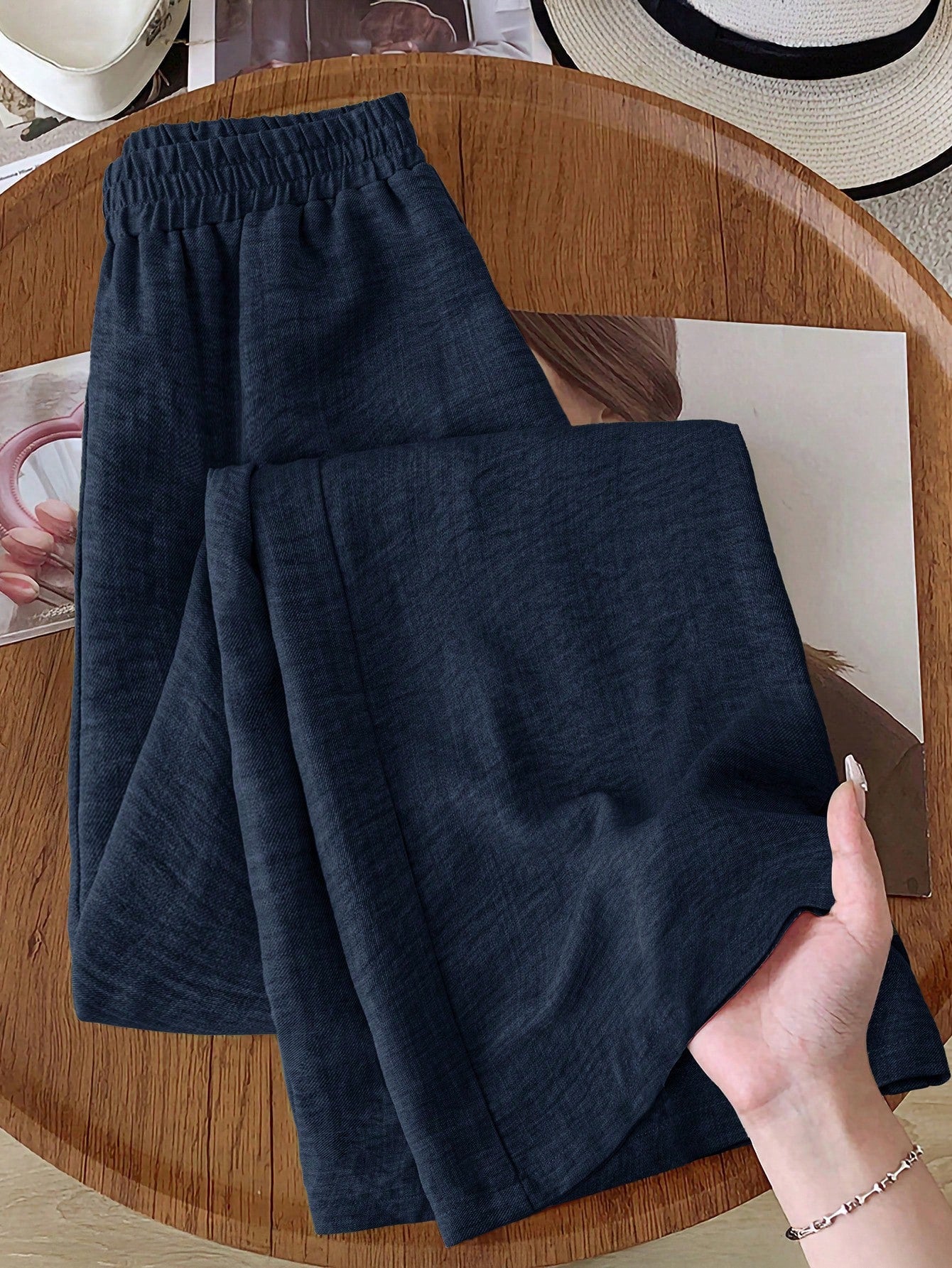 Rusticease Women's Solid Color Elastic Waist Loose Wide Leg Casual Pants, Versatile,Cargo Pants