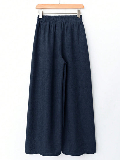 Rusticease Women's Solid Color Elastic Waist Loose Wide Leg Casual Pants, Versatile,Cargo Pants