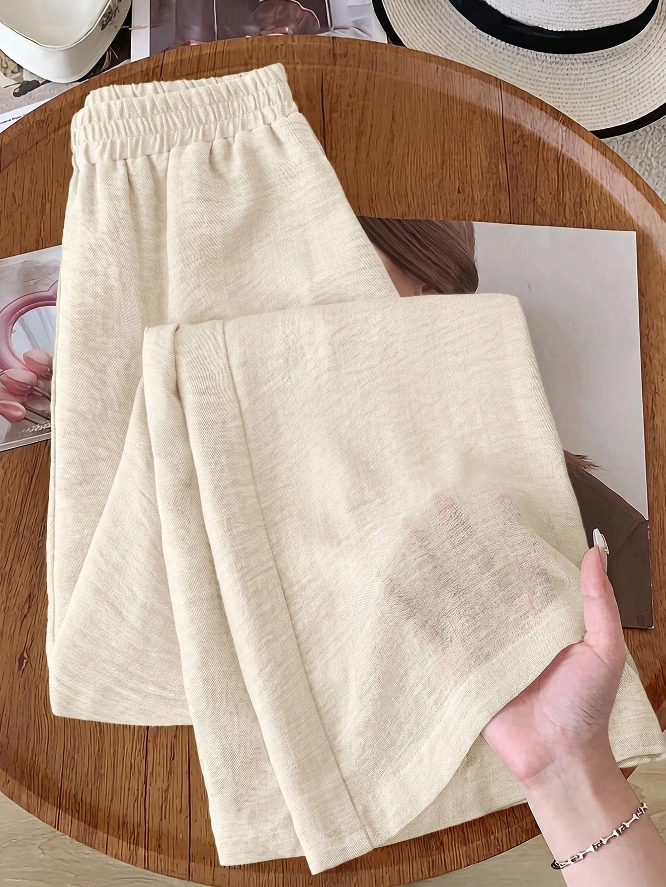 Rusticease Women's Solid Color Elastic Waist Loose Wide Leg Casual Pants, Versatile,Cargo Pants
