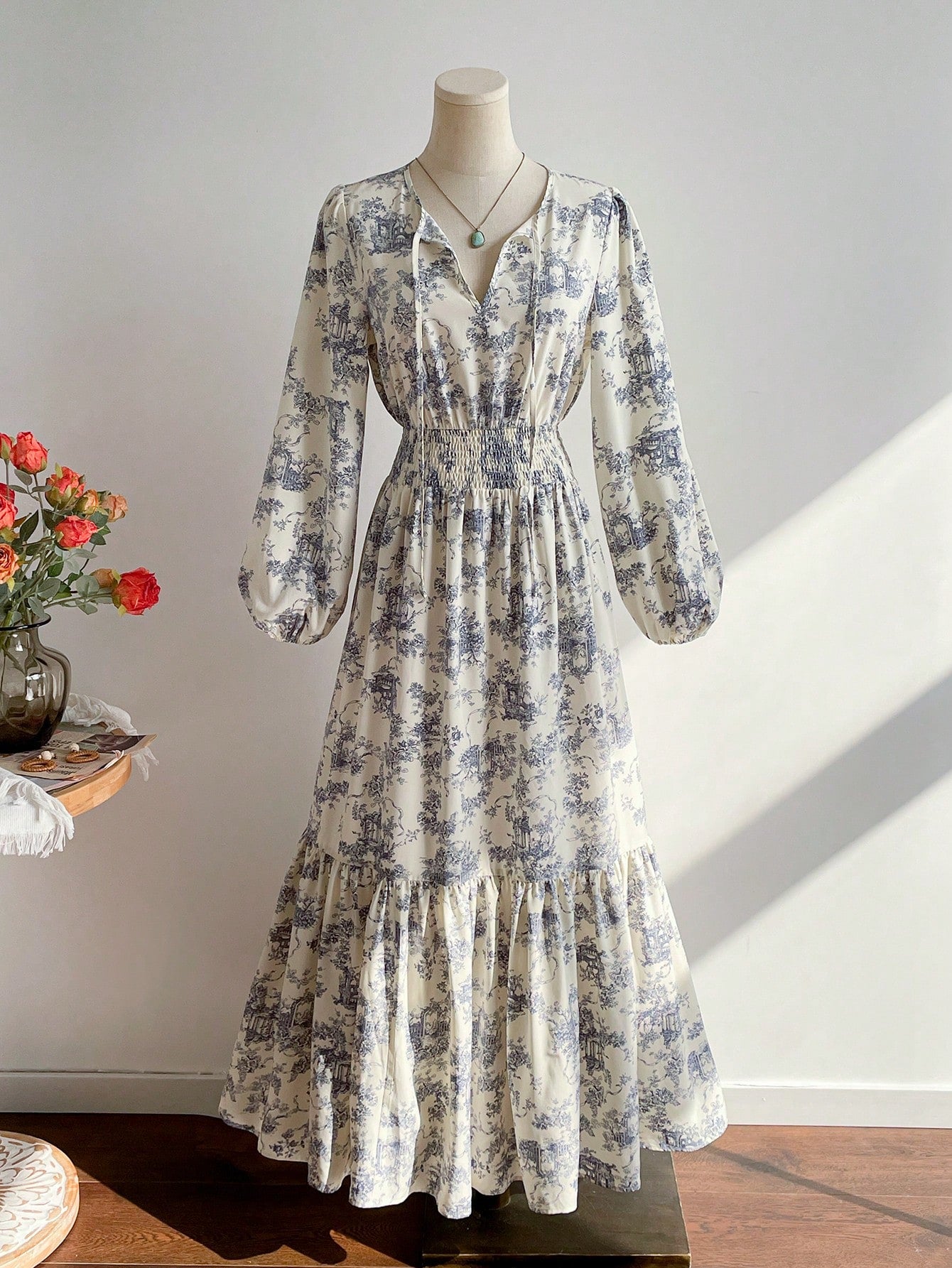 Rusttydustty Vintage Blue Floral Print V-Neck Long Sleeve Maxi Dress, Elegant Pastoral Style Tea Party Dress, Suitable For Autumn