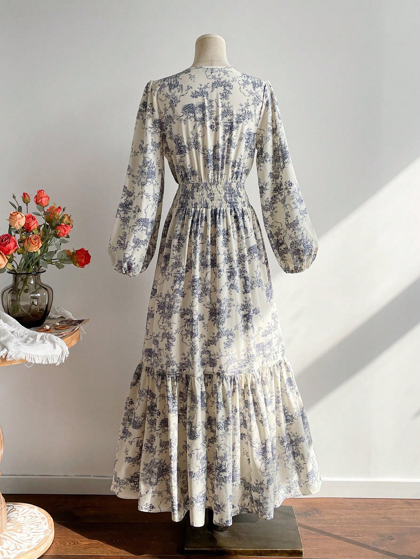 Rusttydustty Vintage Blue Floral Print V-Neck Long Sleeve Maxi Dress, Elegant Pastoral Style Tea Party Dress, Suitable For Autumn