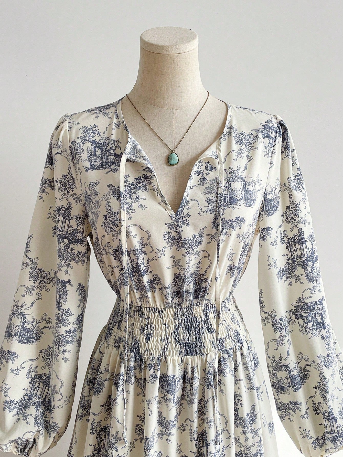 Rusttydustty Vintage Blue Floral Print V-Neck Long Sleeve Maxi Dress, Elegant Pastoral Style Tea Party Dress, Suitable For Autumn