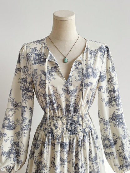 Rusttydustty Vintage Blue Floral Print V-Neck Long Sleeve Maxi Dress, Elegant Pastoral Style Tea Party Dress, Suitable For Autumn