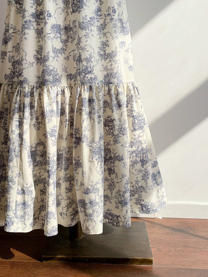 Rusttydustty Vintage Blue Floral Print V-Neck Long Sleeve Maxi Dress, Elegant Pastoral Style Tea Party Dress, Suitable For Autumn